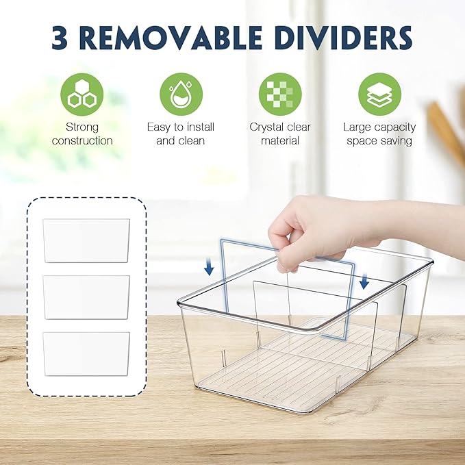 Batoto Pantry Organization and Storage Bins, Refrigerator Organizer Bins – Clear, Kitchen Organization and Storage with Dividers (2 Pack)