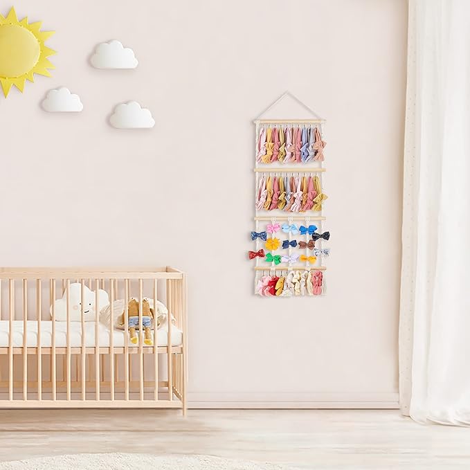 Dahey Headband Holder Bow Hanger for Girls Hair Bows, Macrame Headbands Hair Accessories Hanger Necklace Display with 30 Hooks Wall Hanging Over Door Organizer Boho Nursery Decor for Baby's Room