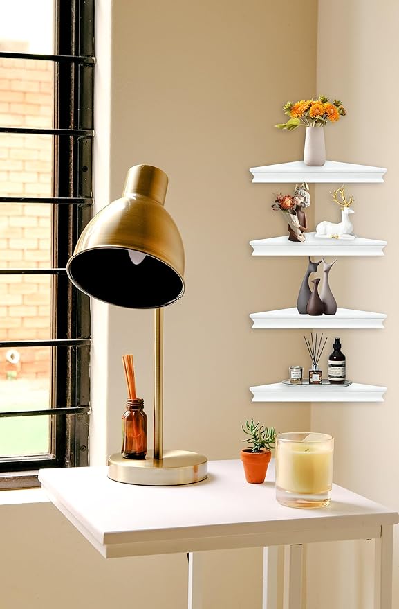 Corner Floating Shelf for Wall Set of 4,Triangular Corner Shelves Wall Mounted for Bedroom,Living Room,Bathroom,Kitchen-White