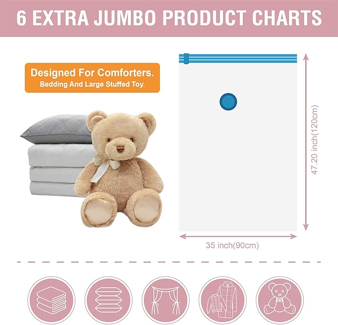 6 Pack XXL Jumbo Vacuum Storage Bags, Extra Large Vacuum Seal Bags for Comforters, Bedding, Blanket Storage, Giant Space Saver Bags for Huge Stuffed Toy (47.2x35 in)