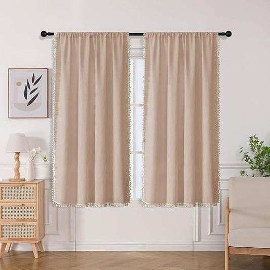 Joydeco Dusty Pink Boho Curtains 63 Inch Length 2 Panels, Super Soft Bohemian Farmhouse Curtains with Tassels, Semi Sheer Light Filtering Drapes for Bedroom Living Room (Rod Pocket, 52Wx63L)