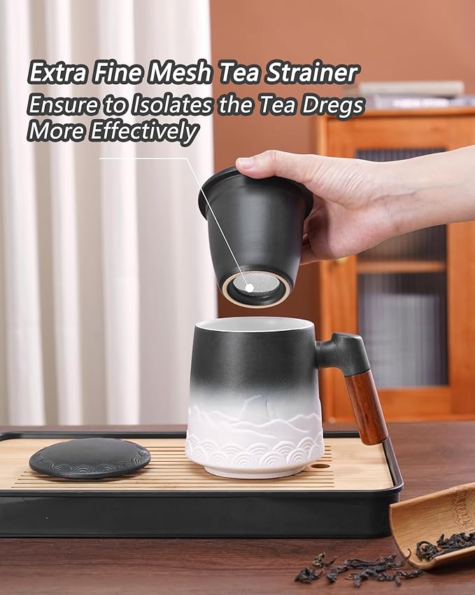 ZENS Mug With Infuser and Lid for Loose Leaf Steeper, 16.9oz Embossed Ceramic Cup With Fine Strainers, Wood Handle Large Diffusers, Tea Accessories for Lovers Gifts