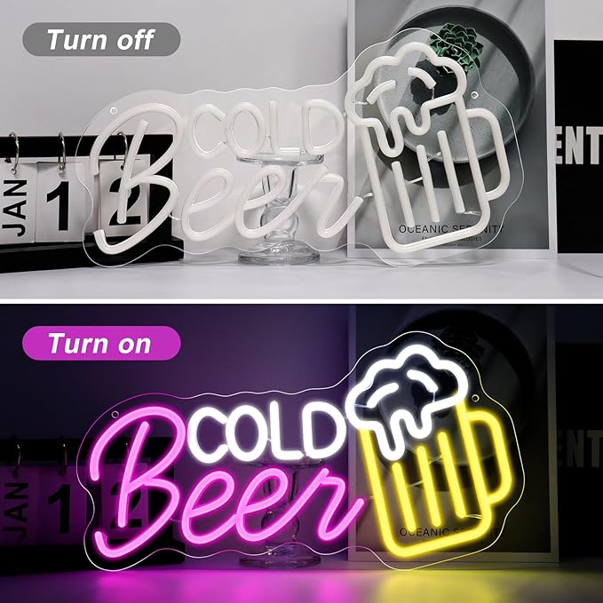 Cold Beer Neon Signs for Wall Decor, 16.5"X 9" Dimmable LED Neon Sign Powered by USB with ON/OFF Switch, Bright High Visibility Light Up Neon Signs for Home Beer Club Party Gift