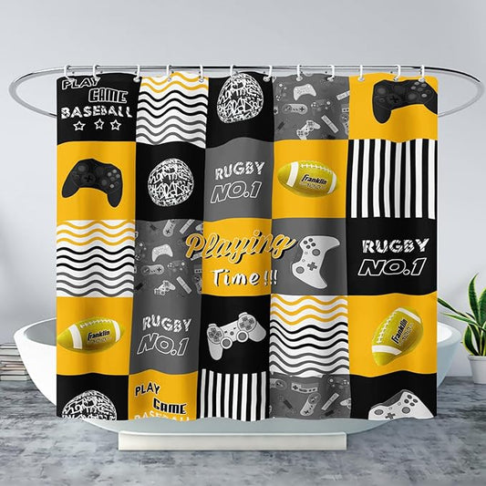 AILONEN Gaming Shower Curtain,Orangish Ball Sports Bathroom Shower Curtain for Boys Kids Teens, 60" W*72" H Gaming Gamer Theme Shower Curtain Sets for Bathroom