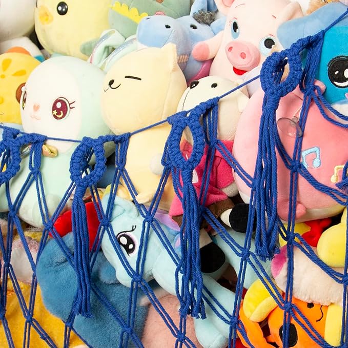 Large Stuffed Animal Storage Net or Hammock for Wall Mounted Macrame Stuffed Animal Display For Boho Nursery Baby Boy Playroom Toy Organizers Pet Net-Blue