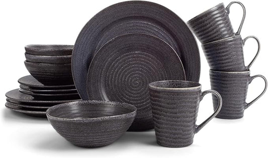 Elanze Designs Charming Chic Ribbed Modern Thrown Pottery Look Ceramic Stoneware Plate Platter Mug & Bowl Kitchen Dish Dinnerware 16 Piece Set - Service for 4, Charcoal Grey