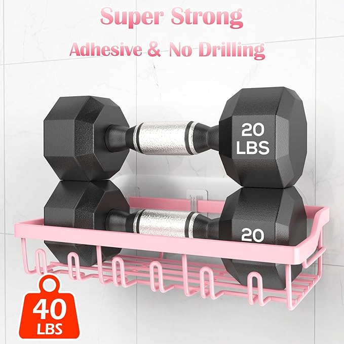 2 Pack Shower Caddy, Adhesive Shower Organizer for Bathroom Storage, Rustproof Stainless Steel Shower Shelves, No Drilling, Large Capacity Shower Rack Shelf for Inside Shower, Pink