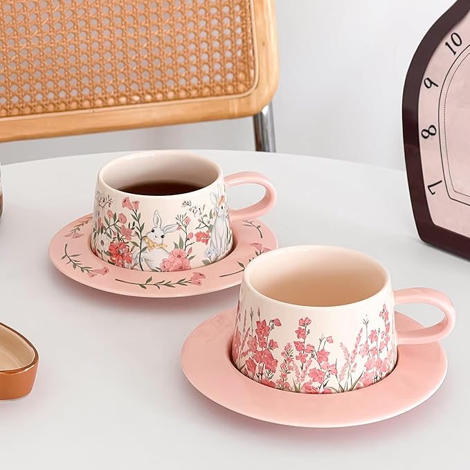 Pink Coffee Mug with Saucer Set, 9oz Pretty Ceramic Mugs with Floral Design, Elegant Flower Cup Perfect for Coffee Tea Cappuccino,Gift for Women, Mom, Friend, Mothers Day Gifts