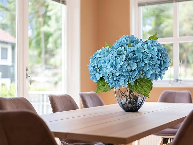 4 Pcs 20'' Turquoise Blue Hydrangea Artificial Flowers Lifelike Real Touch Latex Hydrangeas Faux Flower for Indoor Outdoor Xmas Home Decor Kitchen Table Centerpiece Wedding Flower Arrangement