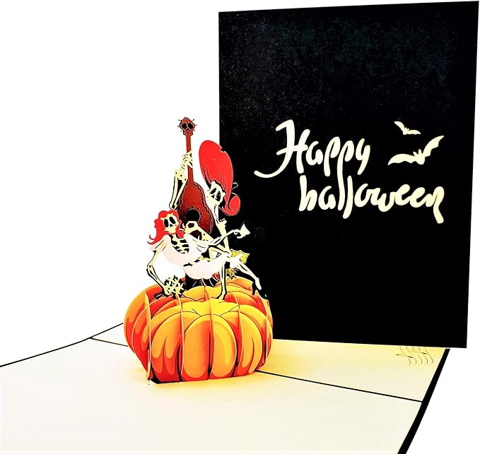 iGifts And Cards Day of the Dead Pop-Up Card – 3D Música de Calacas on Pumpkin – 6" × 8" Laser-Cut Greeting for Día de los Muertos, Remembrance & Celebration