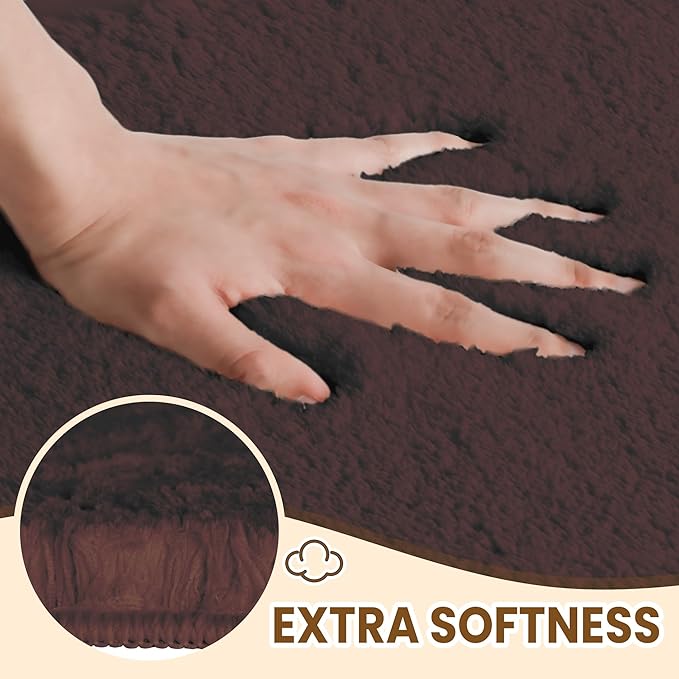 TECHMILLY Fluffy Tufting Bathroom Rug Mat 36x24, Absorbent Thick Non Slip Microfiber Mats, Quick Dry Machine Washable Bath Rug for Bathroom Floor, Bathtub and Shower, Brown