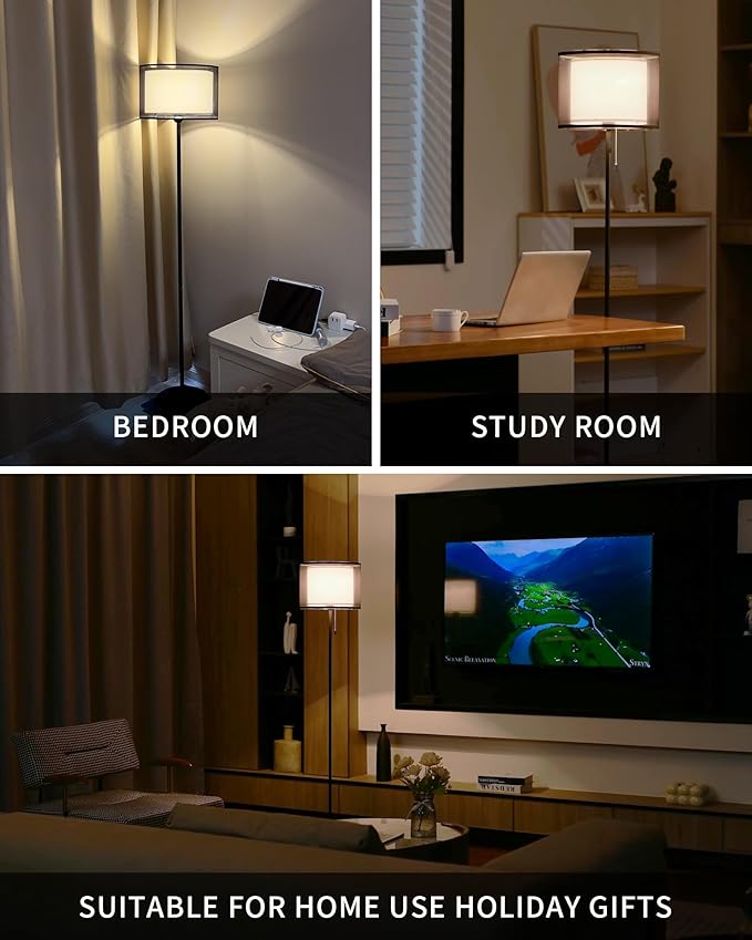 KDG Modern Floor Lamp - Tall Tripod Lamp for Living Room, Bedroom, Office; Fabric Shade, LED Bulb, Warm Light (Black)