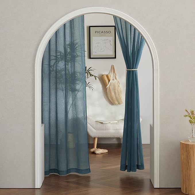 NICETOWN Sheer Linen Curtains 96 inch Long 2 Panels Set, (Smoke Blue) Grommet Semi Sheer Flax Window Curtains & Drapes Privacy with Light Through for Bedroom/Living Room, W52 x L96