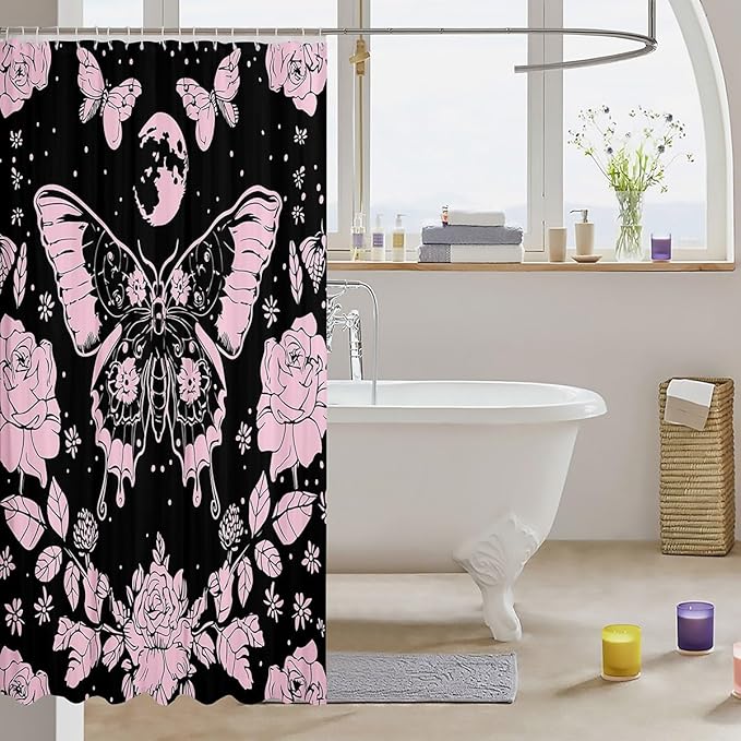 Feelyou Pink Butterfly Fabric Shower Curtain Cover Botanical Floral Shower Curtain for Kids Boys Girls Butterflies Bathroom Waterproof Accessories with 12 Hooks Flying Curtains,72x84 Inches