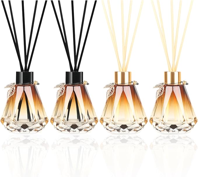 Reed Diffuser, Reed Diffuser Empty Bottles with 20pcs Reed Diffuser Sticks, Delicate Gold Leaf Decor, Glass Fragrance Diffuser Set with lids for Home… (Black+Gold, 4PCS)