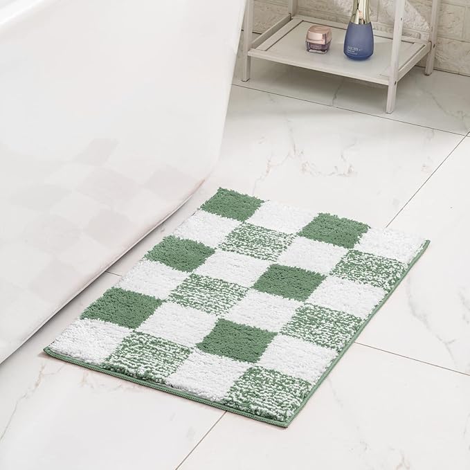 CozeCube Green Checkered Bath mats Non Slip, Fluffy Absorbent Microfiber Runner Bath mat Washable, Aesthetic Bathroom Rugs, Long Bath mat for Bathroom Floor, 59" x 24"
