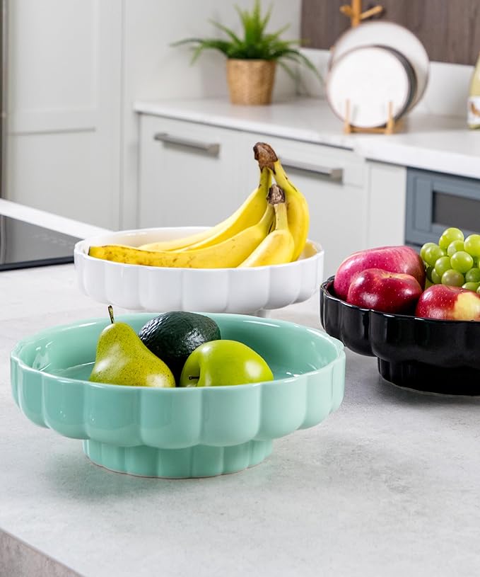 Nucookery Ceramic Petal Fruit Bowl for Kitchen Counter, 11 Inch Modern Decorative Bowl, Elegant Fruit & Vegetable Storage Container, Large Bread Basket, Mint Green