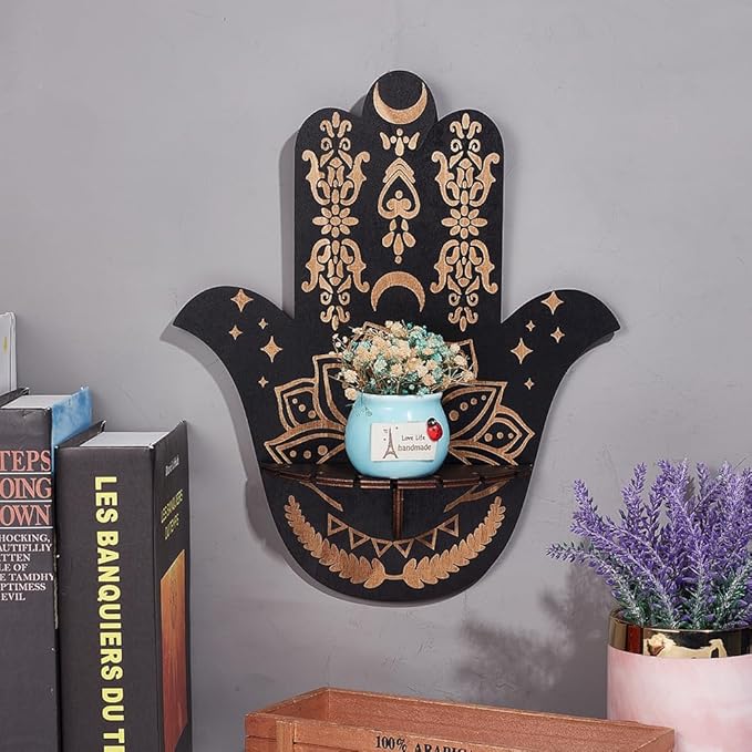 CREATCABIN Hamsa Wall Decor Lotus Wooden Crystal Display Shelf Crystal Holder Shelves Hamsa Hand Wall Mounted Floating Shelf Stand for Witch Stuff Altar Supplies Spiritual Gift Black 9.8 x 11.8Inch