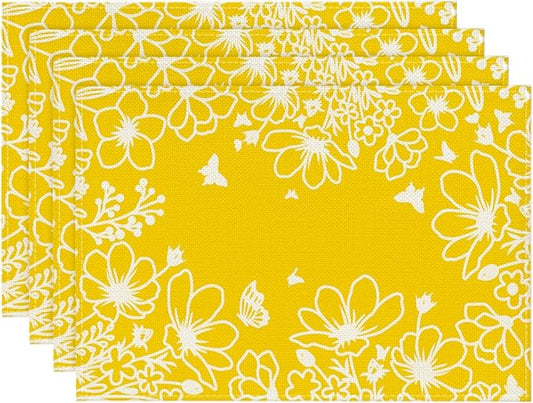 Artoid Mode Yellow Bloom Flowers Floral Spring Placemats Set of 4, 12x18 Inch Seasonal Summer Table Mats for Party Kitchen Dining Decoration