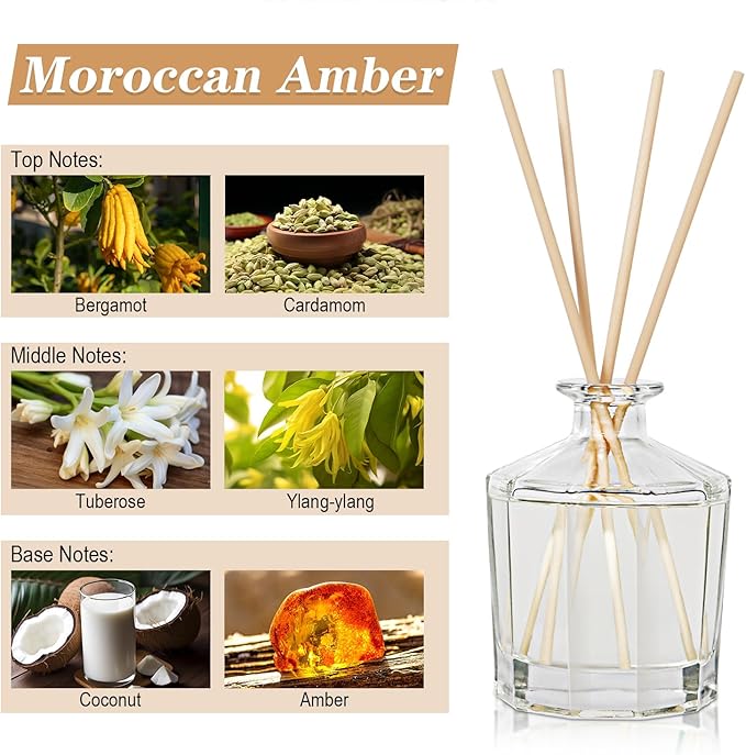 L'odeur Vill Reed Diffuser, 8.5 Oz(250ml) Moroccan Amber Bathroom Diffuser with 10 Sticks, Scented Diffuser Home Fragrance Essential Oil Reed Diffuser Set for Home Large Rooms Bathroom Shelf Decor