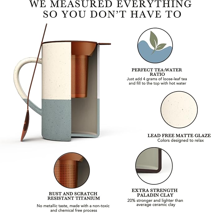Mora Ceramics Tea Cup with Loose Leaf Infuser, Spoon and Lid, 12 oz, Microwave and Dishwasher Safe Coffee Mug - Rustic Matte Ceramic Glaze, Modern Herbal Tea Strainer - Great Gift for Women, Flint