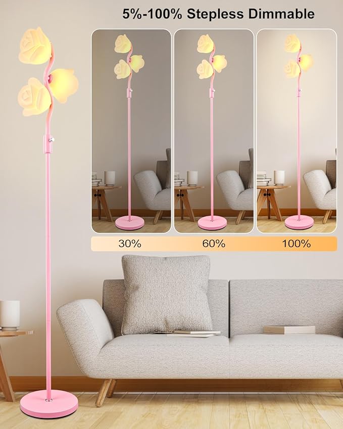 Dimmable Pink Floor Lamp, Unique Cute Flower Standing Lamps with 3 Globe Soft Warm White 3000K Bulbs, Mid Century Modern Floor Lamp for Living Room Bedroom Home Decor