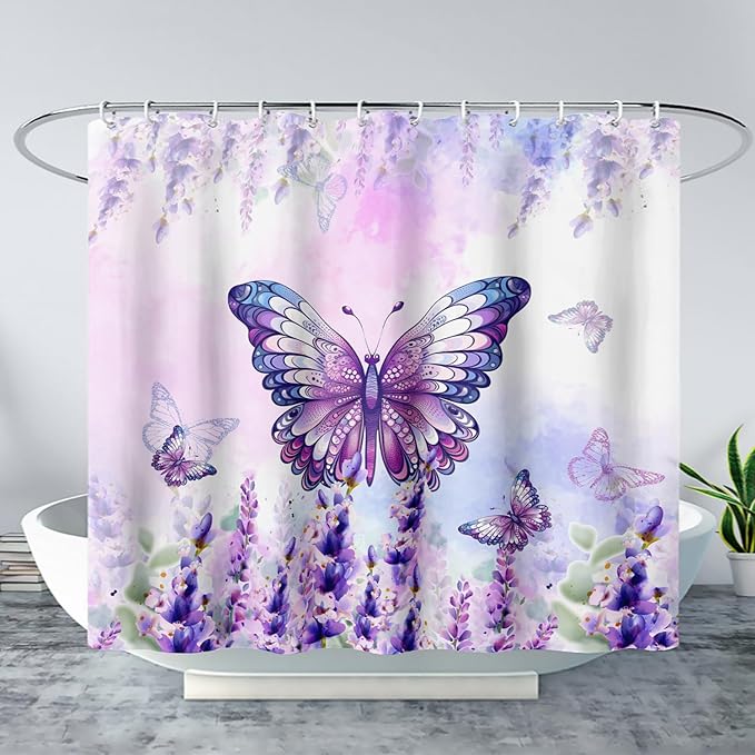 AILONEN Girls Butterfly Shower Curtain for Bathroom,Purple Blooming Lavender Flower Floral Butterfly Printed Bath Curtain 48" W*72" H Polyester Fabric Waterproof Bathroom Curtain with 12 Hooks