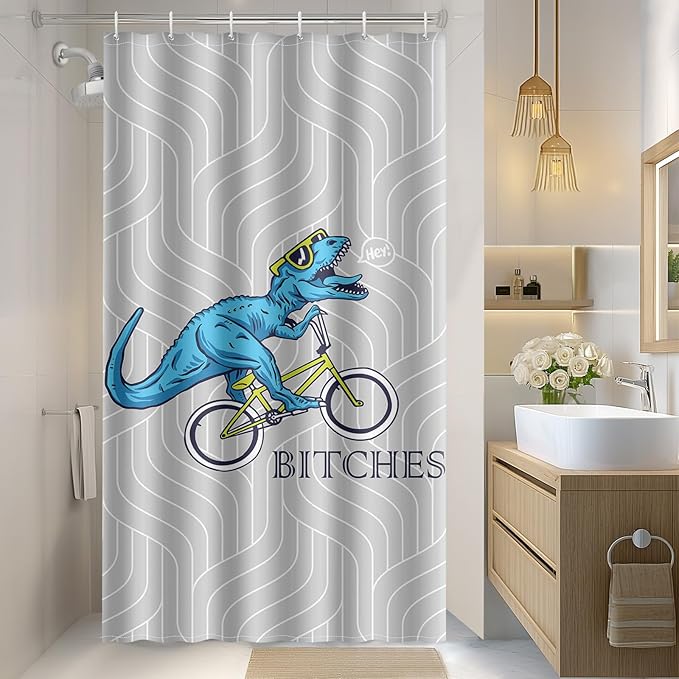Aimego Stall Small Shower Curtain - Funny Cute Blue Dinosaur Ride A Bike Fun Dino Narrow Half Fabric Cloth Bath Shower Curtain Set for Bathroom Decor Accessories Bath Curtain, 36"x72"