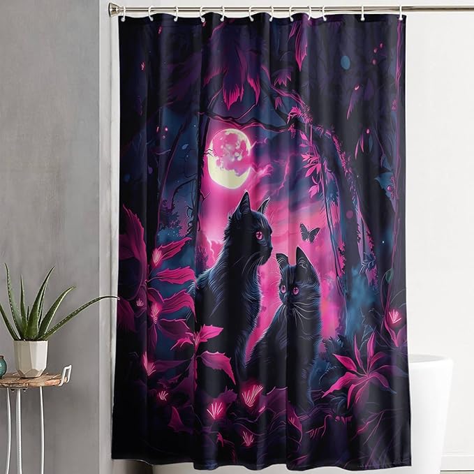 AILONEN Black Cat Shower Curtain,Cartoon Mother Son Kitten Shower Curtain Set for Kids Boys Girls,Boho Style Moon Shower Curtain with Hooks for Bathroom,48" W*72" H