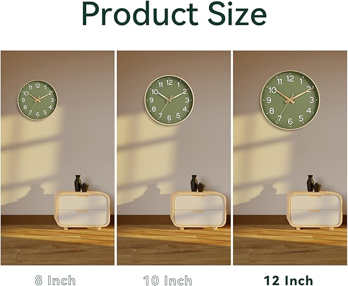 Wall Clock 12 Inch Silent Green Wall Clocks Battery Operated- Modern Non Ticking Analog Clock Decorative for Living Room Bedroom Office Kitchen(Gold)