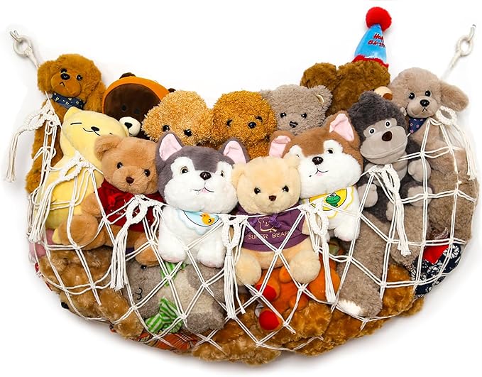 Stuffed Animal Soarage Hammock Macrame Toy Diaplay Plush Toy Holder Ceiling Hanging Net for Stuffed Animal Storage (Cream, Small)