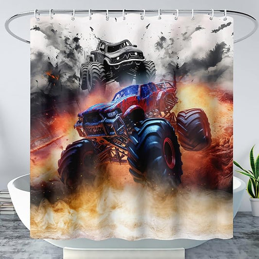 AILONEN Boys Monster Truck Shower Curtain for Bathroom, Watercolor Truck Bath Curtain,Cartoon Truck Shower Curtain for Kids Teen,Waterproof Curtain Bathroom 72" W*84" H Decor with 12 Plastic Hooks