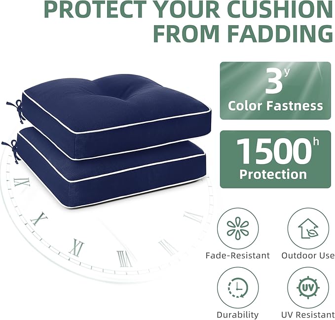 Favoyard Patio Chair Cushions 17 × 17 Inch Water Resistant & 3-Year Color Fastness Outdoor Chairs Cushion for Seat Dining Rocking Wicker Chair Cushion with Tie Straps Tufted Square Pads, Blue, 2 Pack