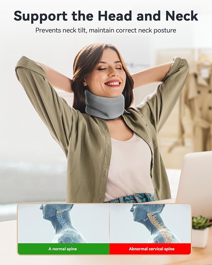 Neck Brace Cervical Collar - Neck Support Brace for Sleeping, Soft Foam Wraps Keep Vertebrae Stable and Aligned for Relief of Cervical Spine Pressure for Women & Men, (10.6-12.6 Inch) Grey