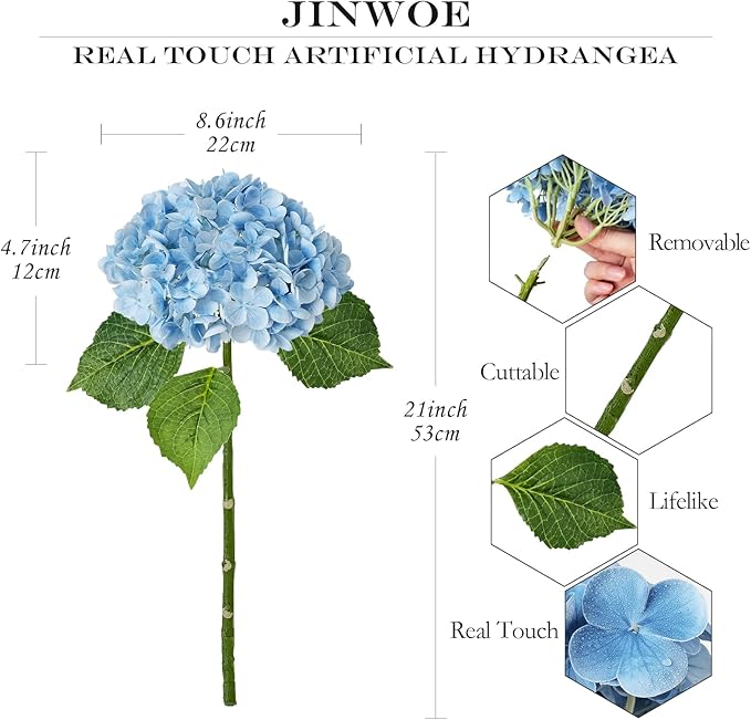 Light Blue Flowers Real Touch Artificial Hydrangeas, 3Pcs 21”Large Royal Latex Silk Flowers,Long Stems Fake Flower Bouquet for Centerpieces Table Home Party
