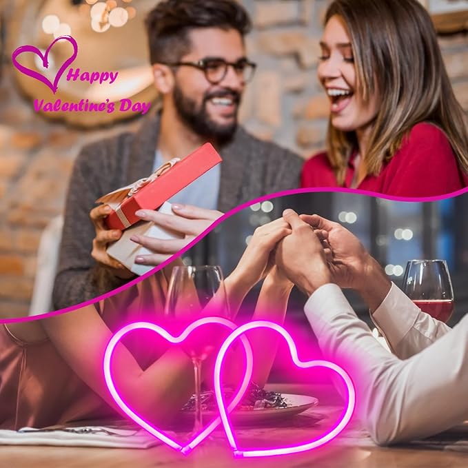 2-Pack Pink Heart Neon Sign, Neon Heart Lights Battery Operated or USB Powered Decoration Lamp, LED Wall Decoration Light for Mothers Day Decor Classroom, Dorm, Home, Wedding, Birthday and Party Décor