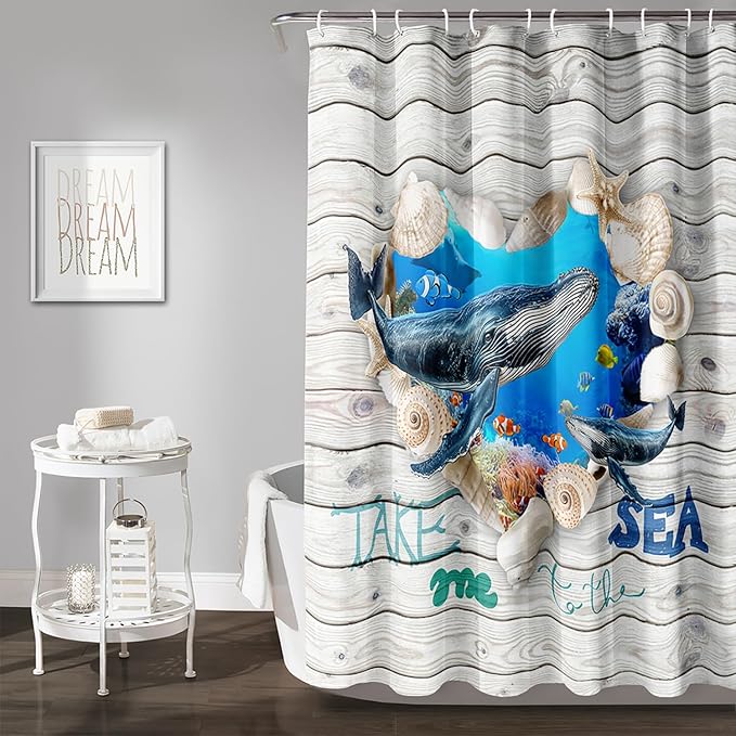 AILONEN 3D Printed Whale Shower Curtain, Ocean Sea Animal Wooden Style Bathroom Curtain,Shell Coast Whale Bath Curtain 48" W*72" H,Polyester Waterproof Bathroom Curtain with 12 Hooks