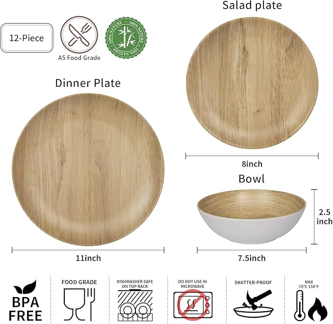 Melamine Dinnerware Set - 12pcs dinnerware set Indoor and Outdoor use, Bamboo Pattern Dishes Dinnerware Set for 4,Dishwasher Safe (Wood Grain)