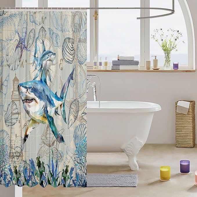 Feelyou Shark Fabric Shower Curtain Under Sea Animals Themed Shower Curtain for Kids Shells and Corals Bathroom Waterproof Accessories with 12 Hooks Watercolor Blue and Brown Curtains,72X84 Inches