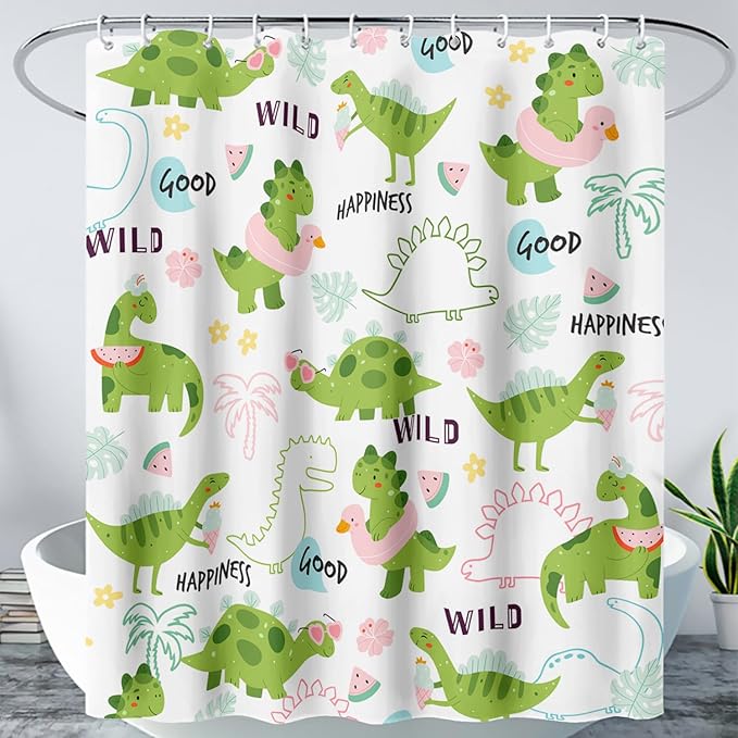 AILONEN Dinosaur Shower Curtain for Boys, Cute Green Kids Bath Curtain 48" W*72" H,Tropical Leaves Funny Dinosaur Curtain with 12 Plastic Hooks