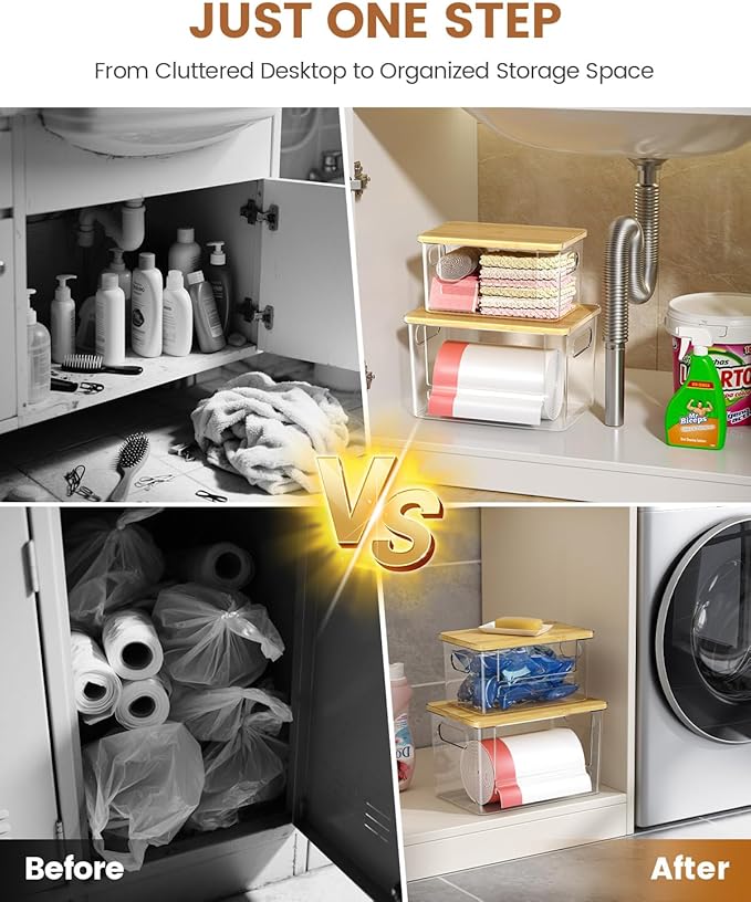 Trash Bag Dispenser 2-Pack, Stackable Trash Bag Holder with Bamboo Lid – Clear Plastic Garbage Bag Organizer for 4-33 Gal Bags, Space-Saving Under Sink Organizer for Kitchen, Laundry, Pantry