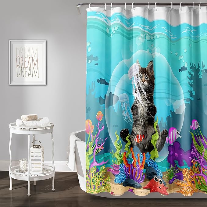 AILONEN Funny Cat Shower Curtain for Bathroom, Ocean Animal Print Shower Curtain, 72" W*84" H Waterproof Polyester Cat Lover Shower Curtain Decor Bathroom with Grommets and Hooks