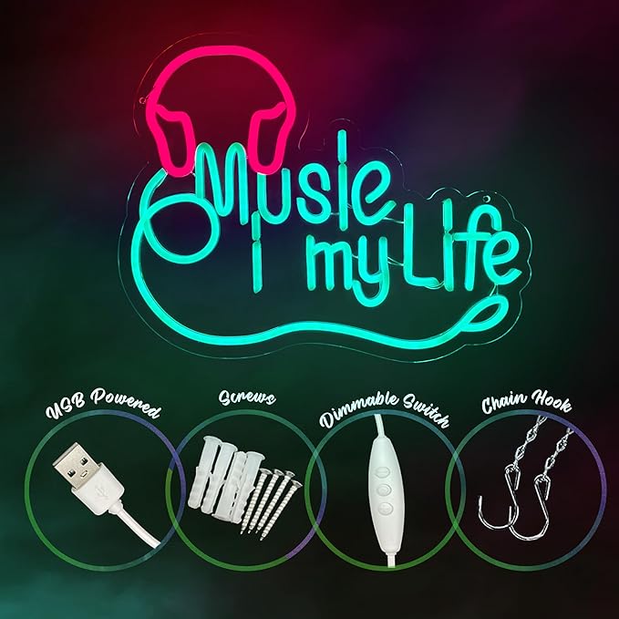 Live Music Neon Sign for Wall Decor, LED Dimmable Shark Light Up Signs for Bedroom Music Decor Studio Rec Room Game Party Decor