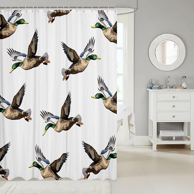 Manfei Ducks Kids Shower Curtains,Rustic Animals Hunting Adventure Bathroom Curtains for Girls Boys,Swimming Bird Farmhouse Country White Waterproof Curtains,12 Hooks Suits,72" W x 84" L