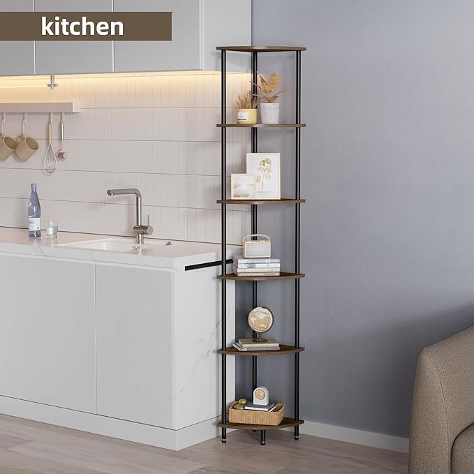 6 Tier Corner Shelf, Bookcase for Small Spaces, Corner Display Shelf, Plant Stand, Rustic Brown and Black,Suitable for Bedroom,Living Room,Kitchen