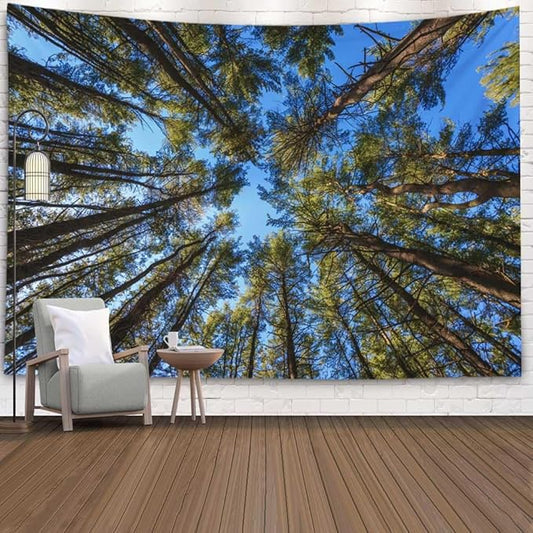 EMMTEEY Forest Tapestry Spring Green Straight Pine Trees Forest Wall Tapestry Nature 80X60 Big Tapestry Christmas Photography Backdrops Large Wall Decor