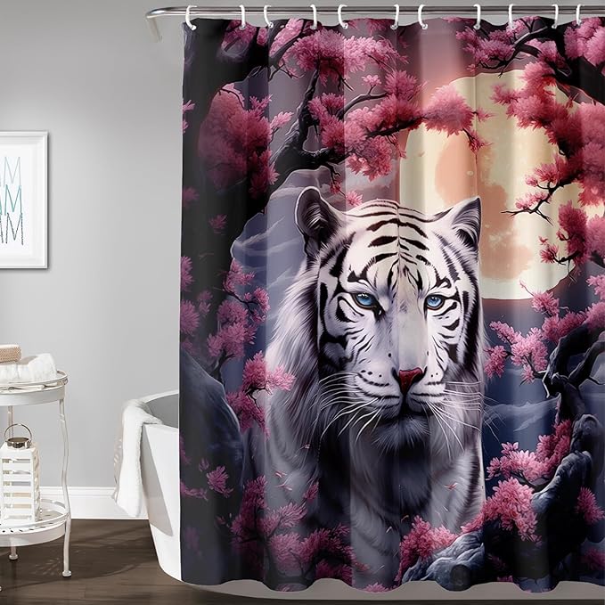 AILONEN Tiger Shower Curtains for Girls,Pink Flower White Tiger Bath Curtains for Bathroom Decor,Wild Animal Curtains Polyester Waterproof with 12 Plastic Hooks 48" W*72" H