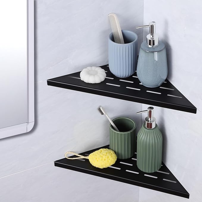 12" Corner Shower Shelf, 2-Pack Bathroom Shelves for Tile Walls, SUS304 Stainless Steel Recessed Shower Shelf, Grout in Corner Organizer Shelves, Matte Black, Large Size