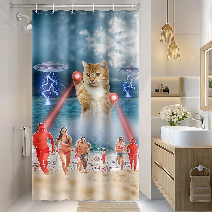 Aimego Stall Small Shower Curtain - Funny Cute Cool Ocean Cat with Weird Adults Beach UFO Fun Narrow Half Fabric Cloth Shower Curtain Set for Bathroom Decor Accessories Bath Curtain, 36"x72"