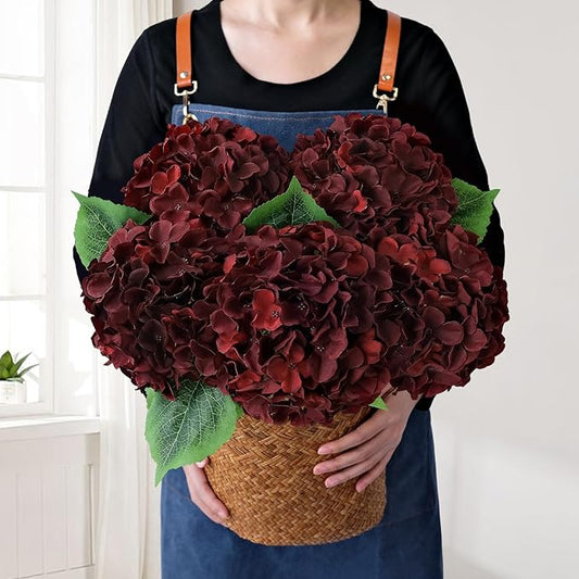 5Pcs Burgundy Silk Hydrangea Artificial Flowers, 20Inch Large Lifelike Flowers,Halloween Christmas Artificial Hydrangeas for Indoor Bouquet Table Centerpieces Floral Arrangements Home Wedding